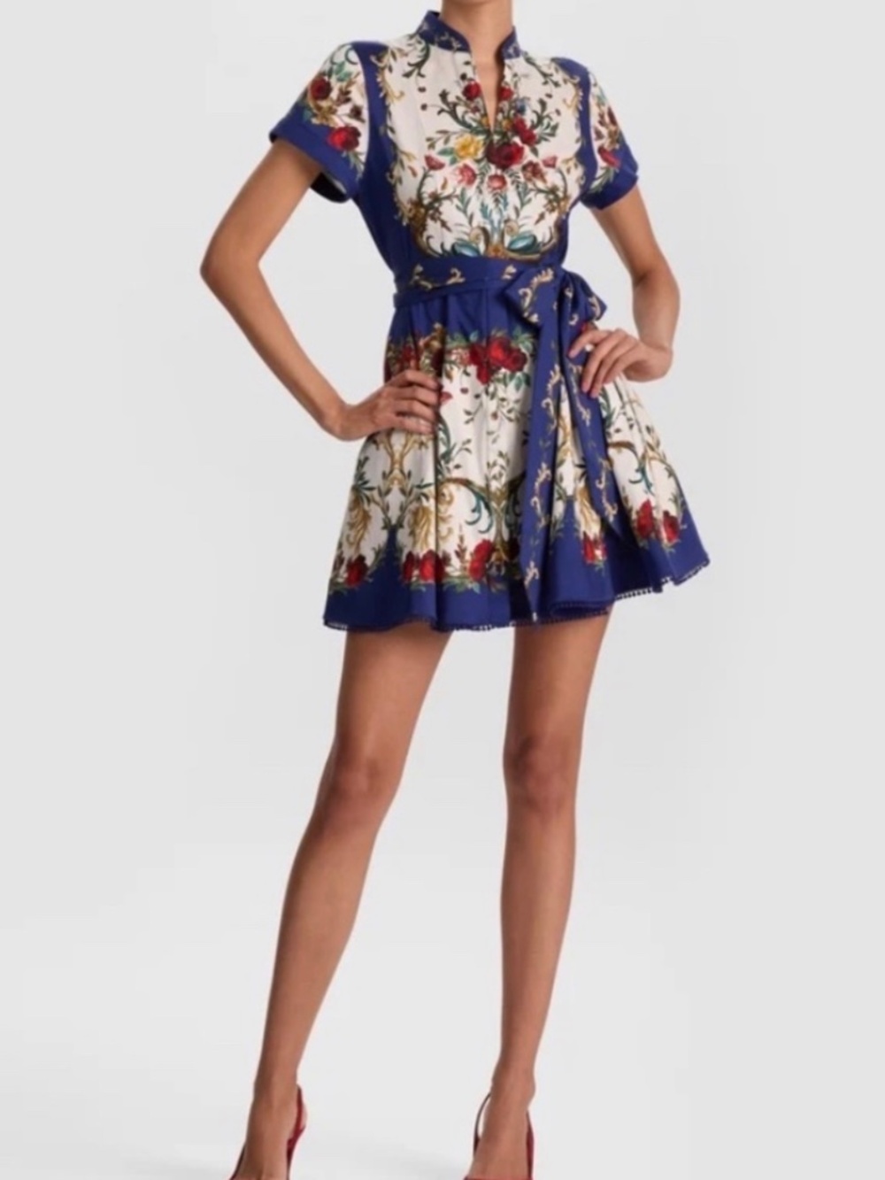 Alice + Olivia Lucy Mini Shirt Dress Floral Gilded Rose Tie Waist  NWT Sz 14
